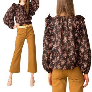 Ulla Johnson Medine Floral Balloon Sleeve Blouse, Size 2, Jet/Black